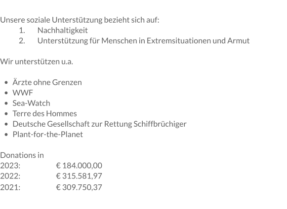 Unsere soziale Unterstützung bezieht sich auf: 	1.	Nachhaltigkeit 	2.	Unterstützung für Menschen in Extremsituationen und Armut  Wir unterstützen u.a.  •	Ärzte ohne Grenzen •	WWF •	Sea-Watch •	Terre des Hommes •	Deutsche Gesellschaft zur Rettung Schiffbrüchiger •	Plant-for-the-Planet  Donations in  2023:		€ 184.000,00 2022: 		€ 315.581,97 2021:		€ 309.750,37
