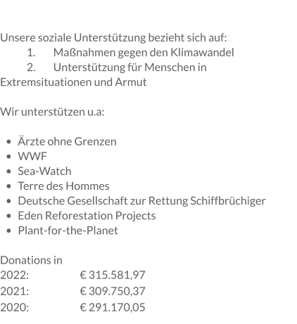 Unsere soziale Unterstützung bezieht sich auf: 	1.	Maßnahmen gegen den Klimawandel 	2.	Unterstützung für Menschen in Extremsituationen und Armut  Wir unterstützen u.a:  •	Ärzte ohne Grenzen •	WWF •	Sea-Watch •	Terre des Hommes •	Deutsche Gesellschaft zur Rettung Schiffbrüchiger •	Eden Reforestation Projects •	Plant-for-the-Planet  Donations in  2022: 		€ 315.581,97 2021:		€ 309.750,37 2020:		€ 291.170,05