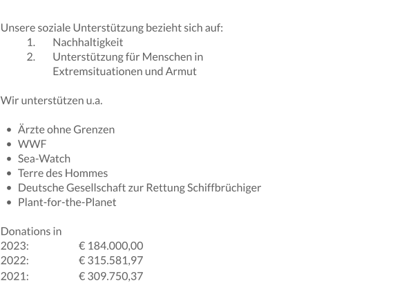 Unsere soziale Unterstützung bezieht sich auf: 	1.	Nachhaltigkeit 	2.	Unterstützung für Menschen in 		Extremsituationen und Armut  Wir unterstützen u.a.  •	Ärzte ohne Grenzen •	WWF •	Sea-Watch •	Terre des Hommes •	Deutsche Gesellschaft zur Rettung Schiffbrüchiger •	Plant-for-the-Planet  Donations in  2023:		€ 184.000,00 2022: 		€ 315.581,97 2021:		€ 309.750,37